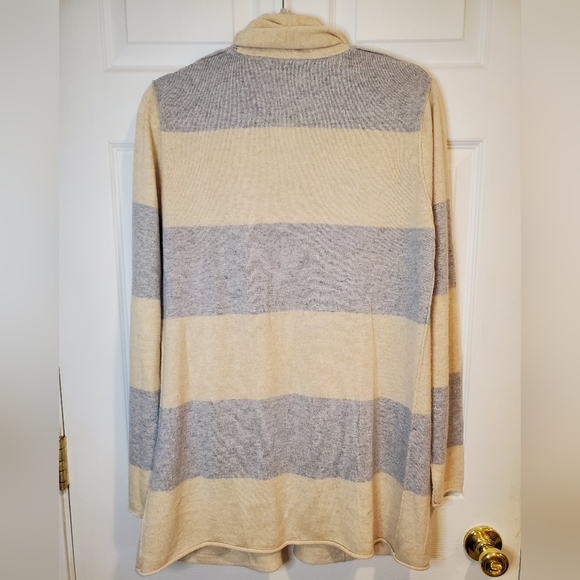 Pure Amici Cashmere Long Open-Front Cardigan Gray Cream Wide Stripe Womens Large - Picture 3 of 6